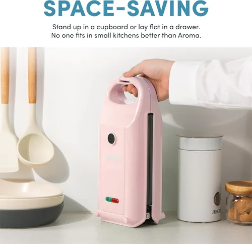 Miniatura 5 de AROMA® Máquina de gofres intercambiable y abatible con platos extraíbles: prensa Panini 3 en 1, mini máquina de donas y plancha para gofres Rosa