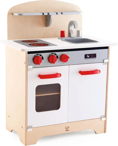 Hape Cocina Gourmet de Juguete de Madera Completamente Equipada con Fregadero, Estufa, Horno de Hornear, Armario, Perillas Giratorias y Estante de