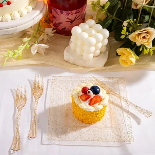 Miniatura 6 de DaYammi 200 platos de postre dorados, incluyendo 100 platos de aperitivo de 6 pulgadas, 100 tenedores de plástico de 5.7 pulgadas, platos cuadrados