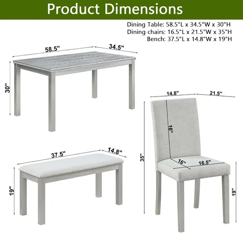 Miniatura 7 de LUMISOL - Juego de mesa de comedor de madera maciza con 4 sillas tapizadas y banco para cocina, comedor, sala de estar, gris plateado
