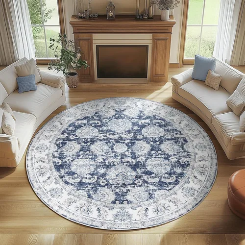 Jinchan Fiora - Alfombra redonda de 8 pies, alfombras vintage con diseño floral envejecido, lavable a máquina, antideslizante, de pelo bajo, Azul