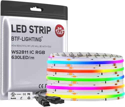 BTF-LIGHTING FCOB WS2811 IC RGB COB - Tira de luces LED COB de 16.4 pies DC12V 630LED/m Flexible de Alta Densidad Uniforme Luz de Color Perseguidor