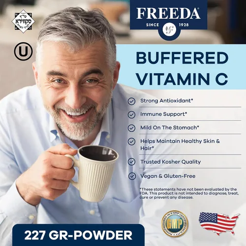 Miniatura 2 de FREEDA Vitamina C en polvo tamponada, suave para el estómago, vitamina C, no ácida, vegana, kosher, sin azúcar, para apoyo inmunológico y bienestar
