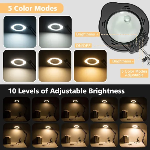 Miniatura 3 de Lupa con luz y abrazadera, lámpara de aumento de escritorio de 15X 10X, lupa de lente de cristal real de 84 LED, 5 modos de color regulable sin