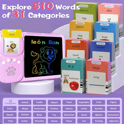 Miniatura 4 de Tarjetas flash hablantes en inglés y español, tableta de escritura LCD de 8 pulgadas para niños de 3 a 12 años, 510 palabras visuales bilingües