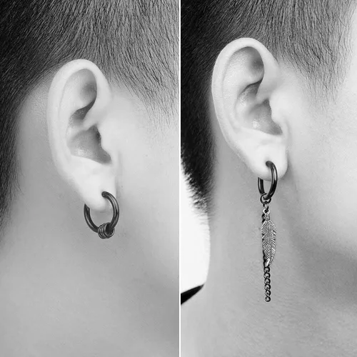 Miniatura 6 de Aretes de aro para hombre con cruz de pluma y cono de cadena de bola, de acero inoxidable 316L negro, estilo punk, hip hop, rock, gótico, Kpop