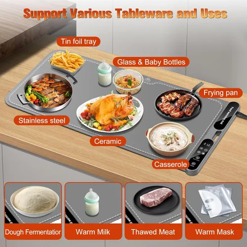Miniatura 5 de Tapete de calentamiento para alimentos extra grande, bandeja de calentamiento eléctrica, tapete de calefacción de silicona de 15 x 31.5 pulgadas