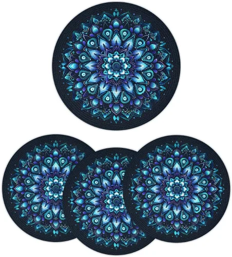 Miniatura 25 de Juego de 4 manteles individuales redondos, manteles individuales tejidos con mandala dorados, antideslizantes, resistentes al calor, lavables
