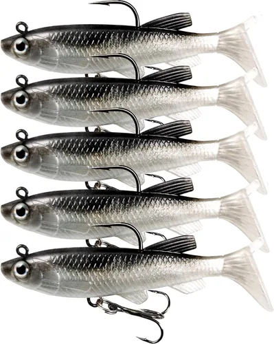 Señuelos de pesca suaves, cebos de sábalo y pececillo, señuelos de cola de paleta con cabeza de plantilla premontada para lubina, trucha,
