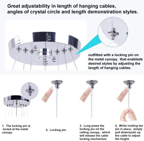 Miniatura 4 de Lámparas de araña LED de cristal, lámpara colgante moderna para comedor, lámpara de techo ajustable con 3 anillos, de acero inoxidable, blanco frío