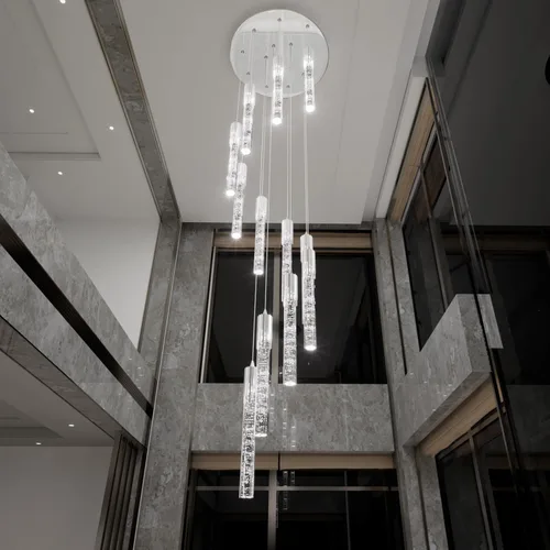 Miniatura 3 de Flashing God Candelabro de cristal moderno regulable LED plateado luz de techo de burbuja de cristal, lámpara de techo alto para sala de estar