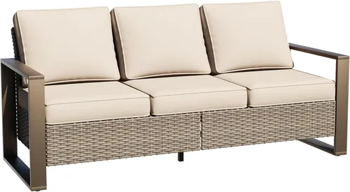 Sofá de Mimbre Metálico para Patio de 75", Sofá Sillón de Ratán para Exteriores de 3 Asientos para Todo Tipo de Clima con Cojines Premium y