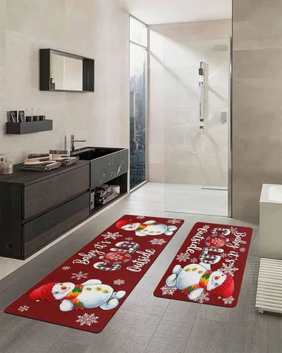 Miniatura 2 de Tapete de baño de muñeco de nieve rojo para bañera, antideslizante, de secado rápido y absorbente, tierra de diatomeas, fregadero, dormitorio
