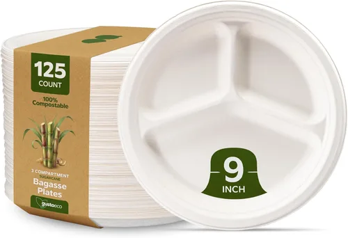 Miniatura 10 de GUSTO Platos de papel de caña de azúcar 100% compostables, resistentes, ecológicos, biodegradables, blancos, 10 pulgadas, 3 compartimentos, 125