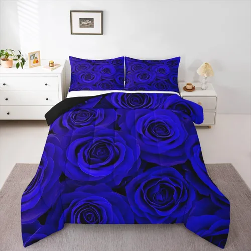 Miniatura 12 de Juego de edredón de rosas rojas, tamaño individual, juego de ropa de cama floral rojo degradado negro para niñas, mujeres, niños, adolescentes