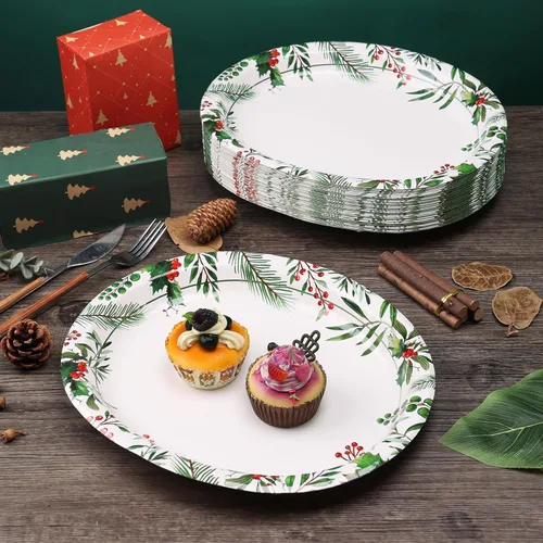 Miniatura 5 de 50 platos ovalados de Navidad, platos de papel resistentes de 12 x 10 pulgadas con hojas de acebo, bayas rojas para Navidad, vacaciones, boda