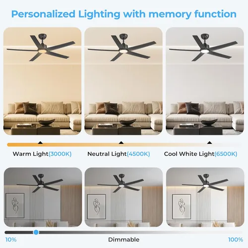 Miniatura 5 de ocioc Ventiladores de techo con luces, ventilador de techo negro de 52 pulgadas con luz y control remoto, 3CCT, motor CC silencioso, ventilador