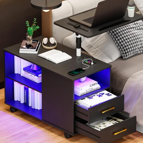 Gurexl Mesita de noche LED de 360° con estación de carga inalámbrica, mesita de noche ajustable movible con bandeja para portátil, soporte de noche