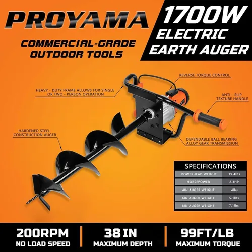 Miniatura 2 de PROYAMA Excavadora eléctrica de agujeros para postes, taladro de tierra con cable de 1700 W con broca de 4, 6 y 8 pulgadas, varilla de extensión