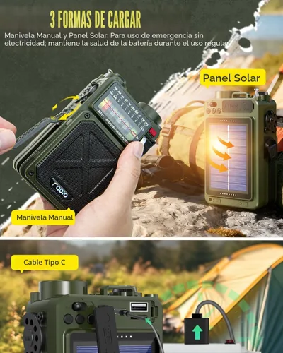 Miniatura 6 de Emgykit R11 Radio de emergencia de manivela - 4000 mAh/14800 mWh NOAA/SW/AM/FM, carga solar/manual/USB, receptor Bluetooth/USB/reproducción TF