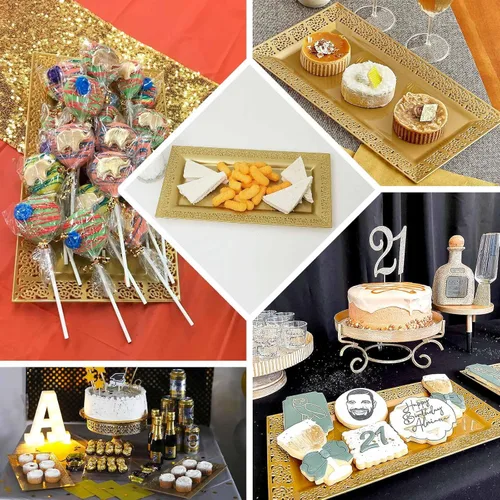 Miniatura 5 de Efavormart - Paquete de 4 bandejas rectangulares de plástico con estampado de encaje dorado de 14 pulgadas, bandejas decorativas para mesa de café