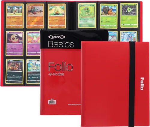 BCW Basics Folio - Álbum de 9 bolsillos, color rojo, carpeta de carga lateral segura para archivos, solución de almacenamiento premium para tarjetas
