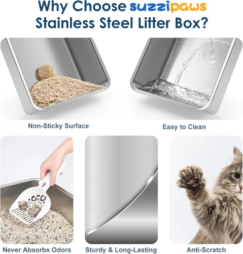 Miniatura 7 de Suzzipaws Caja de arena para gatos de acero inoxidable de 8 pulgadas de profundidad con tapa, caja de arena extra grande para gatos grandes, bandeja