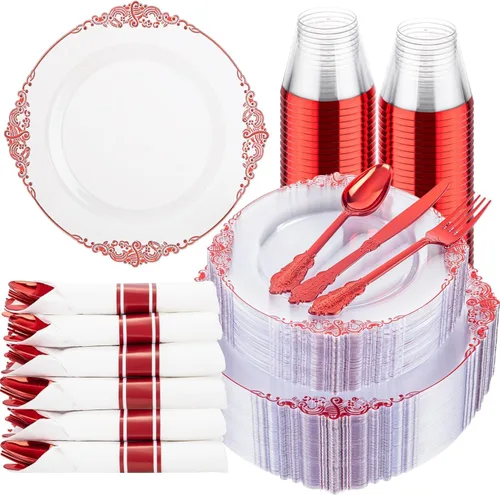 Miniatura 28 de Hioasis 175 platos de plástico verde transparente, elegante juego de vajilla desechable adecuado para 25 invitados, incluye platos de cena de 10.25