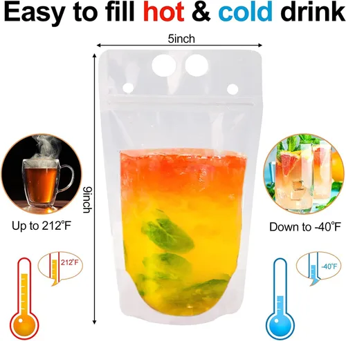 Miniatura 3 de Ozera - 100 bolsas de bebidas, bolsas de jugo de 16 onzas con 100 popotes y embudo Cremallera sellada, bolsas de jugo de batido de mano