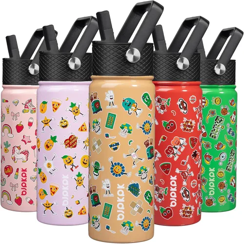 Miniatura 29 de BJPKPK Botella de agua aislada con tapa con pajilla, bonitas botellas de agua de 15 onzas, termo de metal de acero inoxidable, vasos reutilizables