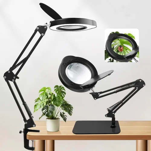 Lupa 15X con luz y soporte, cristal real, protección de seguridad RTM, 5 colores LED regulable para el cuidado de los ojos, escritorio manos libres