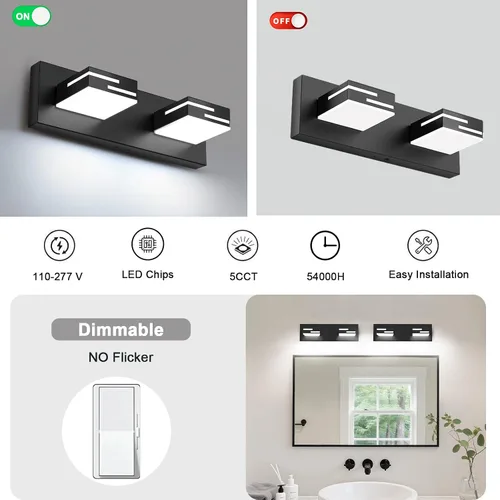Miniatura 6 de Lámparas LED modernas para tocador de baño, 2 luces regulables de 15 pulgadas, color negro mate, para accesorios de iluminación de baño sobre