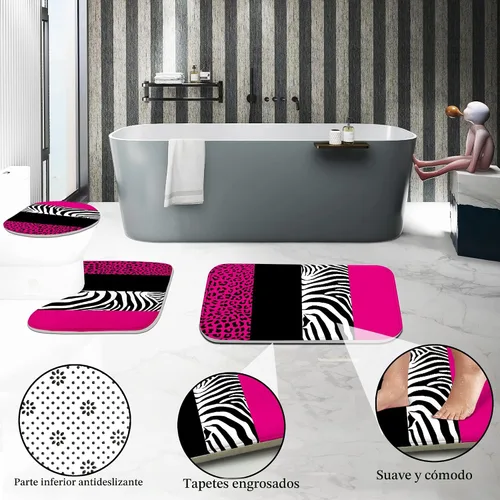 Miniatura 3 de Poedist - Juego de cortinas de ducha para baño, 4 piezas, estampado de leopardo rosa, estilo brillante, incluye cortinas de ducha y tapetes