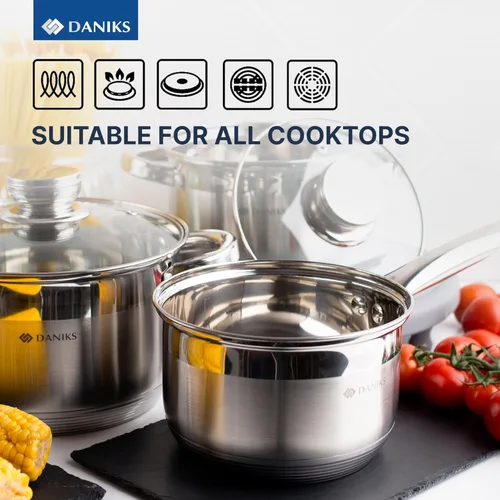 Miniatura 8 de Daniks Juego de utensilios de cocina estándar de acero inoxidable de 11 piezas con tapas de vidrio, incluye cacerola con tapa y sartén, bases