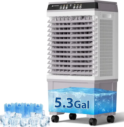 Enfriador de aire portátil con tanque de agua de 5.3 galones, enfriador de aire evaporativo de 1800 CFM con 4 cajas de hielo, oscilación de 120°,