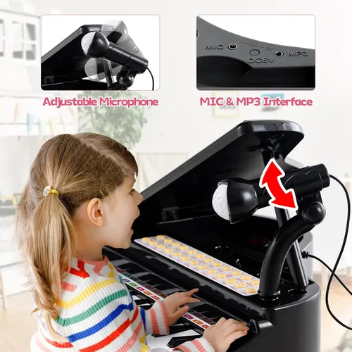 Miniatura 5 de HONEY JOY Piano clásico para niños, mini piano de cola de juguete de 31 teclas con soporte de música y taburete, piano electrónico portátil