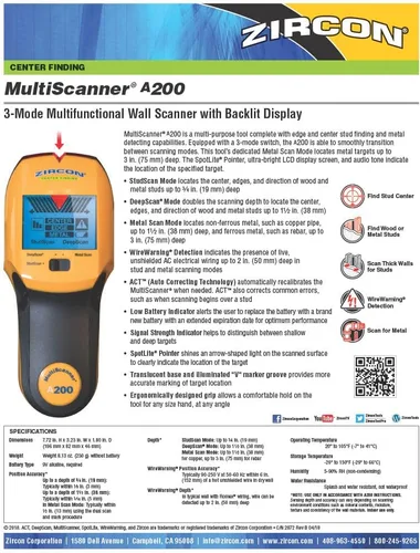 Miniatura 7 de Zircon MultiScanner A200 – Escáner de pared electrónico, detector de pernos y metales con detección de cables de corriente alterna en vivo, puntero