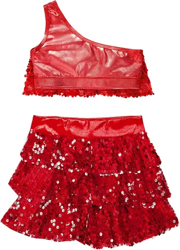 Miniatura 88 de JEATHA Top corto con borlas y lentejuelas brillantes para niñas, con minifalda, jazz latino, salsa, samba, rumba, baile