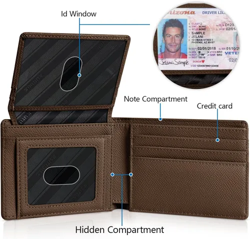 Miniatura 4 de RUNBOX Carteras de los hombres Slim Rfid Leather 2 ID ventana con caja de regalo, Palm-café