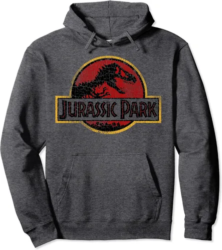 Jurassic Park Sudadera con capucha clásica con logotipo vintage agrietado gris S