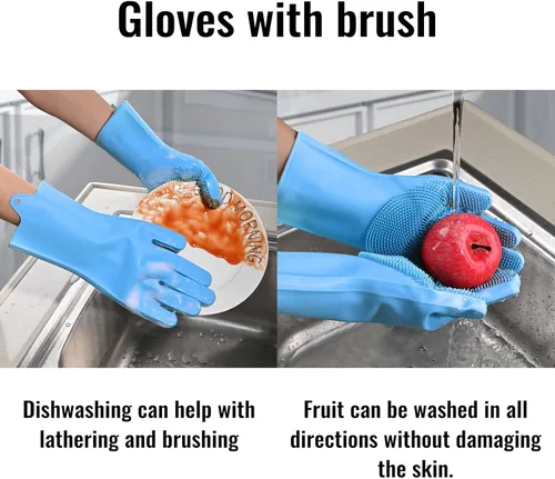 Miniatura 5 de Guantes de silicona para lavar platos, guantes de cocina para lavar platos, reutilizables, impermeables, para el hogar, con cepillo de limpieza