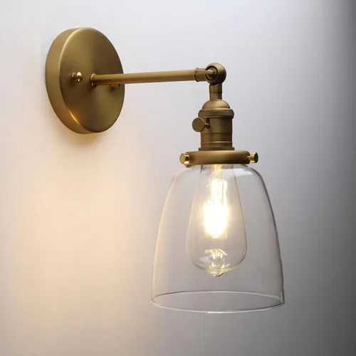 Pathson Lámpara de pared vintage con interruptor de encendido y apagado, pantalla de vidrio transparente, lámpara de tocador de latón, accesorios de
