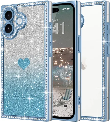 Miniatura 17 de Funda para iPhone 13, funda de diamantes de imitación de lujo con patrón de corazón de amor de cristal [papel con purpurina extraíble], parachoques