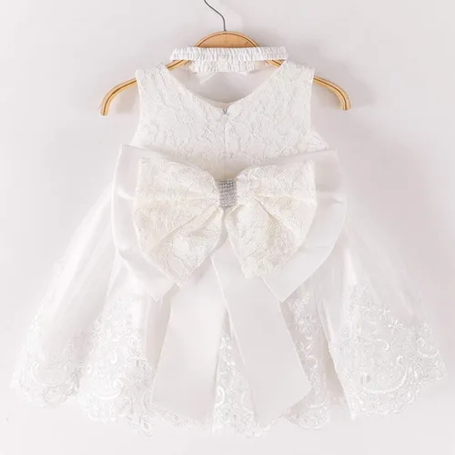 Miniatura 4 de Vestido de encaje con lazo de flores para bebé, princesa, boda, cumpleaños, concurso, bautismo, bautizo, tutú con gorro
