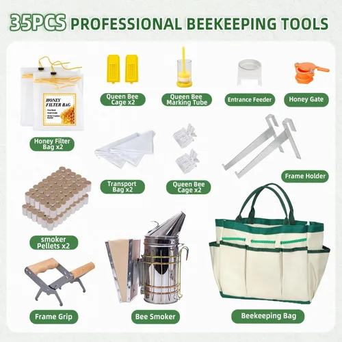 Miniatura 2 de POLLIBEE Kit de inicio de 35 suministros de apicultura con traje de abeja, ahumador y soporte para marco, juego completo de herramientas