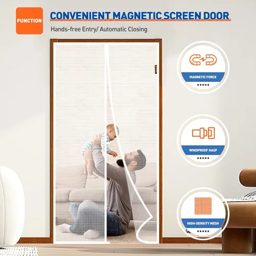 Miniatura 6 de MAGZO Puerta con Malla Magnética para Puertas de Tamaño 30 x 80 Pulgadas, Tamaño de Malla 32" x 81" Imán Fuerte Malla para Puerta con Gancho y Blanco