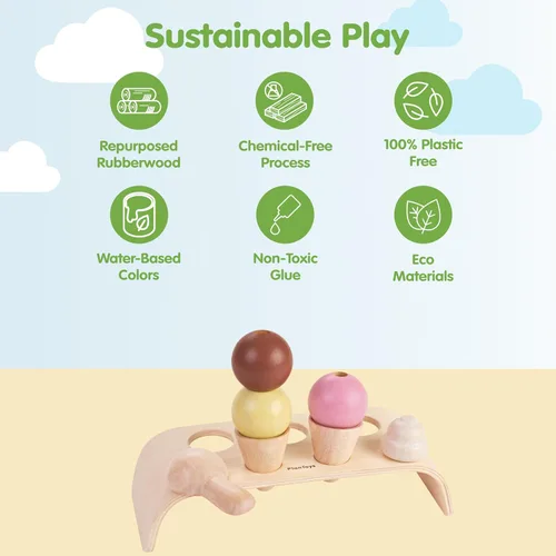 Miniatura 3 de PlanToys® Juego de helado de madera para niños Incluye soporte, cucharas y conos Comida de juego de simulación de postres para niños pequeños