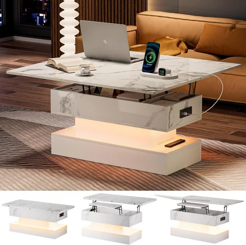 Miniatura 9 de SYESWAY Mesa de Centro Elevable de 39.4" con Estación de Carga, Mesa de Centro Multifuncional 4 en 1 con Almacenamiento y Compartimentos Ocultos