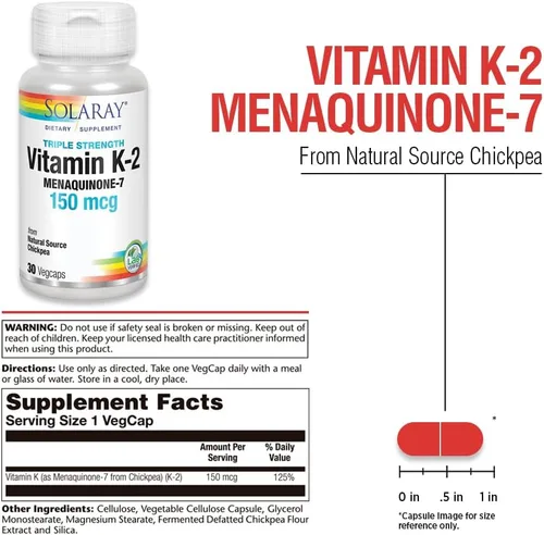 Miniatura 3 de Solaray Vitamina K-2 de triple fuerza como MK-7 150 mcg - Suplemento de vitamina K2 MK7 para apoyo a la salud ósea, Vit K2 puro como menaquinona