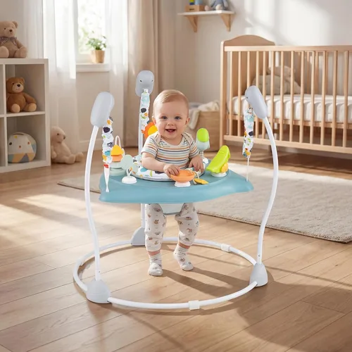 Miniatura 8 de BABY JOY Centro de actividades para bebés, puentes y gorilas con música, asiento giratorio de 360°, 3 alturas ajustables, centro de actividades Azul
